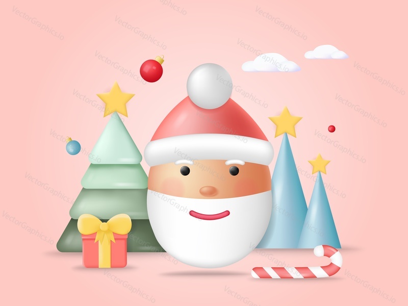 Happy new year poster with isometric santa head, creative chrismas tree and festive wrapped gift box, candy cane treats illustration. Winter seasonal holidays celebration and greeting card design