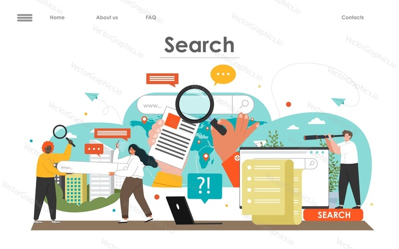 Easy information search vector landing page design template. Lidé, kteří používají internet pro výzkum. Shromažďování a sběr dat, surfování a prohlížení v mediální síti ilustrace