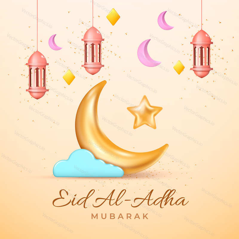 Eid al Adha cards design in 3d modern vector style. Eid Mubarak Islamic holiday banner with Ramadan lantern and moon. Ramadan muslim decoration and background poster. Happy celebration of Eid al Adha.