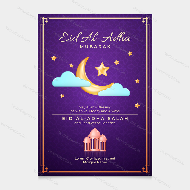 Eid al Adha cards design in 3d modern vector style. Eid Mubarak Islamic holiday banner with Ramadan lantern and moon. Ramadan muslim decoration and purple color background.