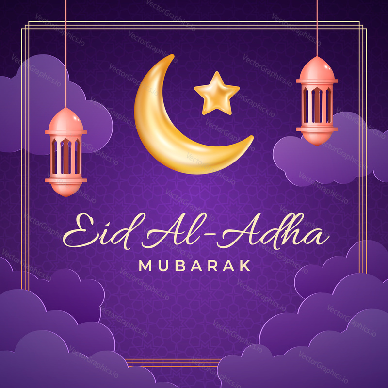 Eid al Adha karty design ve 3D moderním vektorovém stylu. Islámský sváteční banner Eid Mubarak s lucernou ramadánu a Měsícem. Ramadán muslimská dekorace a fialové barevné pozadí.