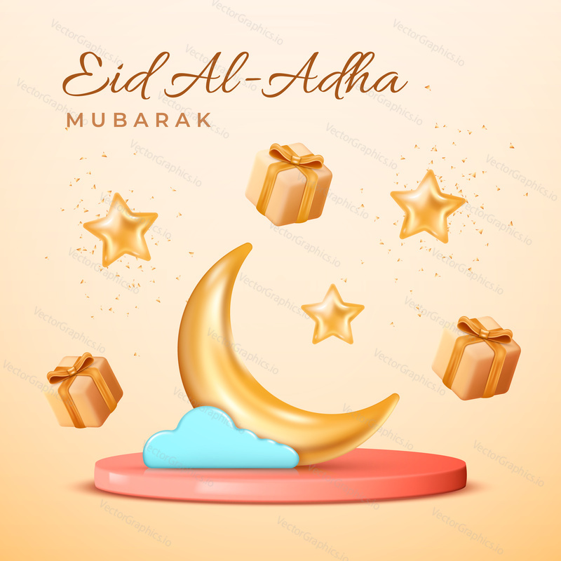 Eid al Adha cards design in 3d modern vector style. Eid Mubarak Islamic holiday banner with Ramadan lantern and moon. Ramadan muslim decoration and background poster. Happy celebration of Eid al Adha.