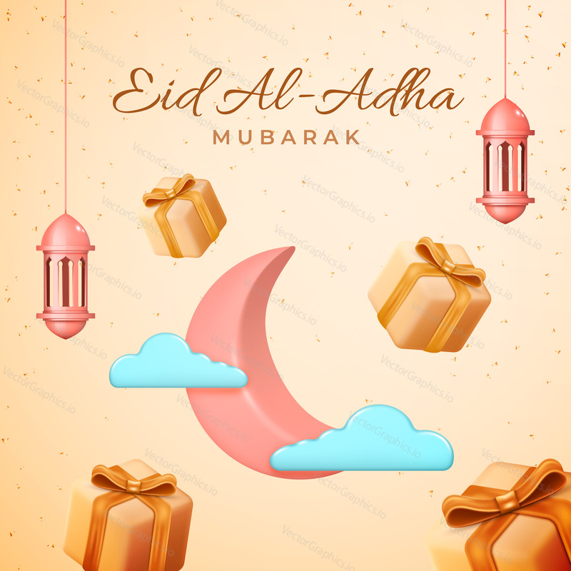 Eid al Adha cards design in 3d modern vector style. Eid Mubarak Islamic holiday banner with Ramadan lantern and moon. Ramadan muslim decoration and background poster. Happy celebration of Eid al Adha.