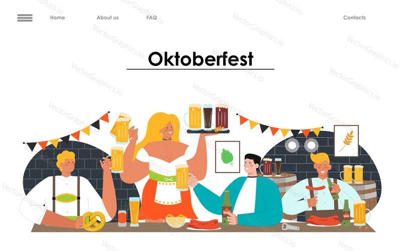 Octoberfest vektor. Beer fest pozadí. Německo festival, jídlo a pití říjnová párty. Lidé v kroji slaví svátek v hospodě. Design vstupní stránky webu