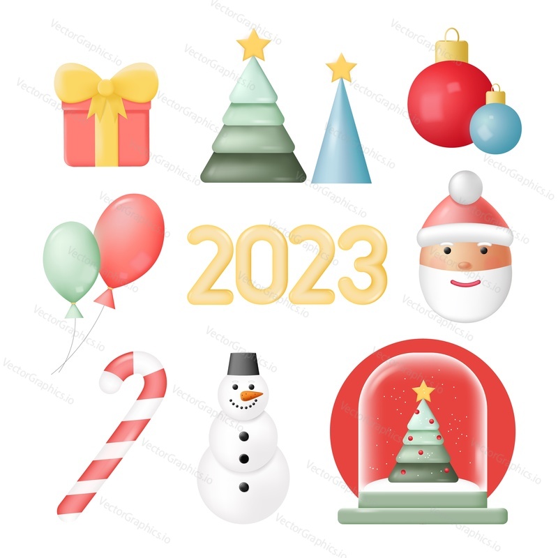 Merry christmas and happy 2023 new year celebration 3d accessories vector. Festive air hot balloon, surprise present box, decorated xmas tree, santa claus head, snowman and candy cane set.