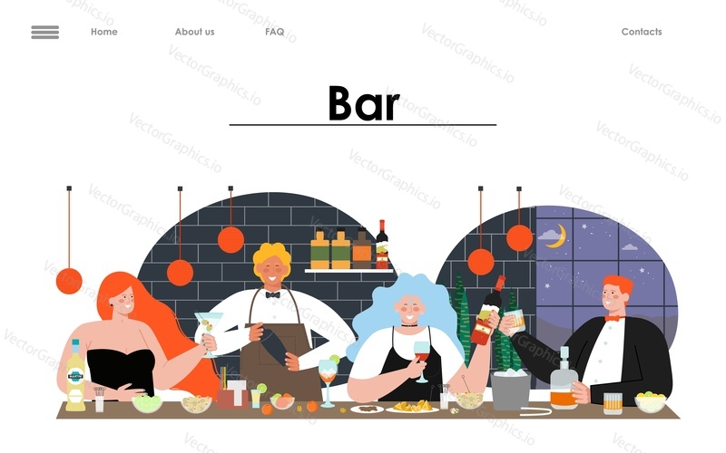 Vektor vstupní stránky pro ilustraci baru nebo hospody. Barman a restaurace questy pít pivo, víno, whisky, tequila koktejl u stolu. Šťastní přátelé odpočívají, Barman pracuje design. Koncept alkoholických nápojů