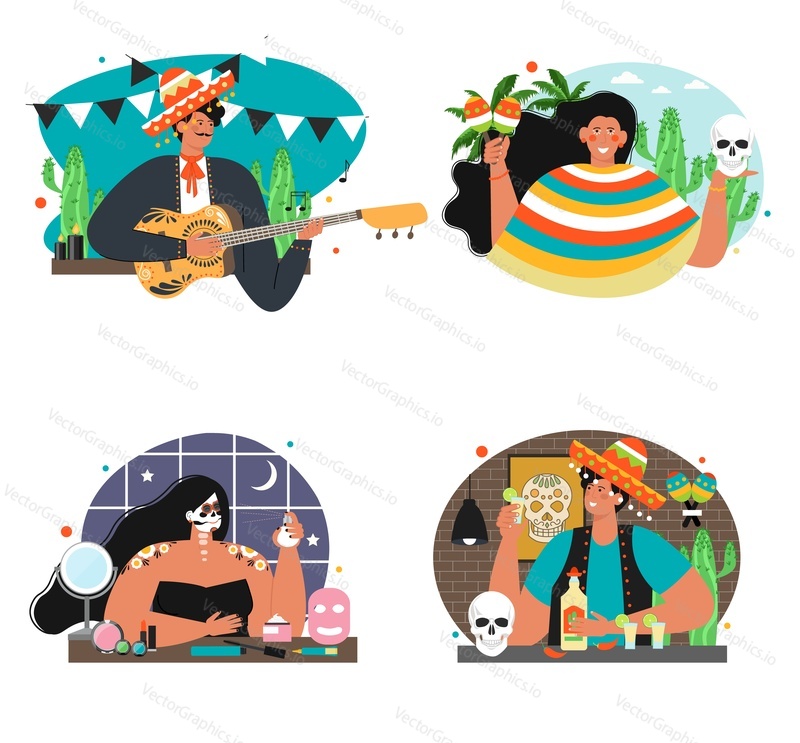 Day of dead set. Mexican people in festive costume vector scene. Dia de los muertos holiday celebration. Carnival illustration. Spanish culture