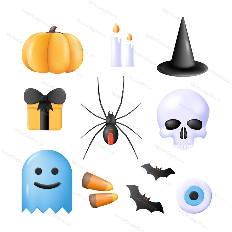 Halloween vector spooky 3d icon. Isometric horror ghost, pumpkin, bat, spider, gift box, candle, eye. Skull and hat isolated set on white background. Trick or treat october party illustration