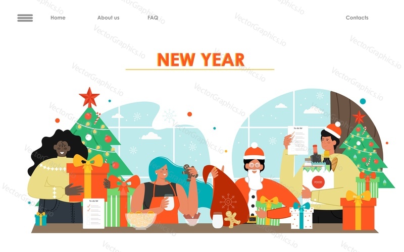 New year and christmas celebration corporate party vector illustration. Office worker and employee friends celebrating winter holidays together. Landing page design template