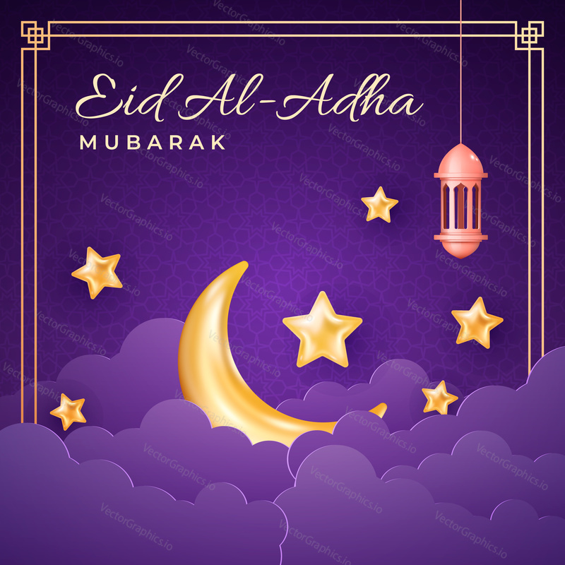 Eid al Adha karty design ve 3D moderním vektorovém stylu. Islámský sváteční banner Eid Mubarak s lucernou ramadánu a Měsícem. Ramadán muslimská dekorace a fialové barevné pozadí.