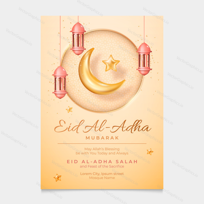 Eid al Adha cards design in 3d modern vector style. Eid Mubarak Islamic holiday banner with Ramadan lantern and moon. Ramadan muslim decoration and background. Happy celebration of Eid al Adha