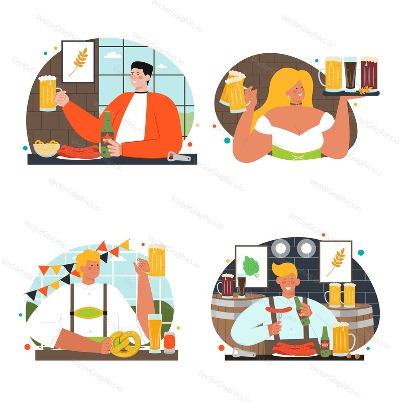 Octoberfest celebration vector. People character drinking beer scene set. Bavarian festival, October party event illustration. Traditional autumn holiday