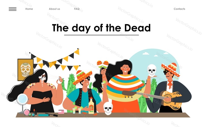 Day of dead vector. Mexican people in festive costume celebrating dia de los muertos holiday illustration. Website landing page design