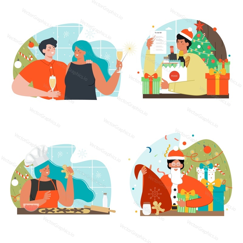 People celebration happy new year and merry Christmas party vector scene illustration. Loving family couple, man and woman ordering food, cooking pastry, preparing gifts for holiday