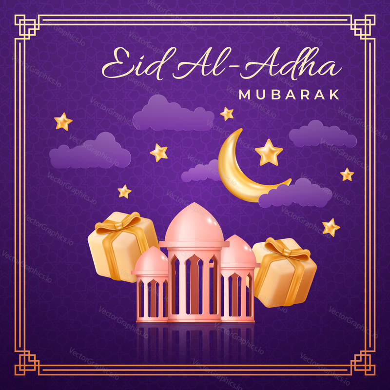 Eid al Adha plakátová karta ve 3D moderním vektorovém stylu. Islámský sváteční banner Eid Mubarak s lucernou ramadánu a Měsícem. Ramadán muslimská dekorace a fialové barevné pozadí.