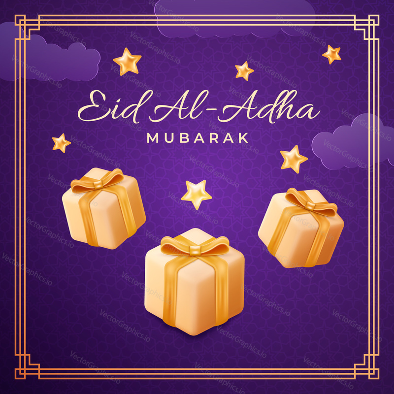 Eid al Adha cards design in 3d modern vector style. Ramadan muslim decoration with gifts boxes and purple color background.