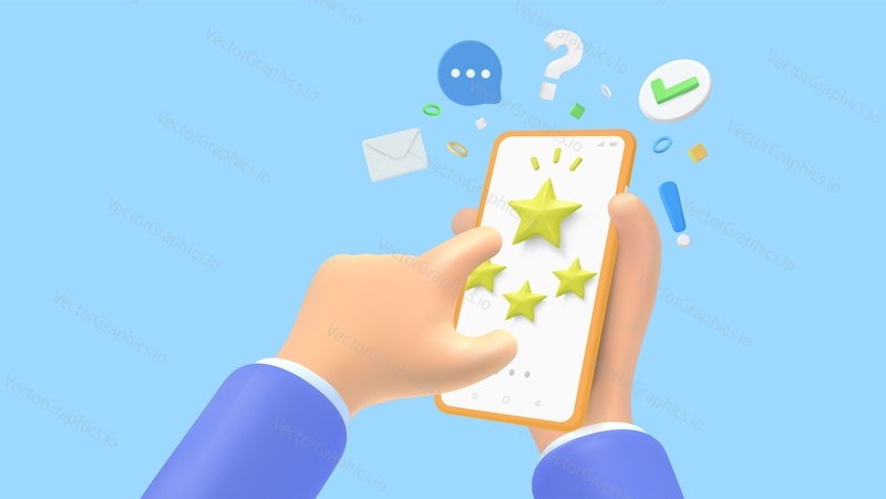 Изометрическая векторная иллюстрация, держащая в руке смартфон с рейтингом пять звезд. Онлайн-опрос удовлетворенности потребителей отзывами о качестве продукта или услуги. Мобильное приложение для оставления отзывов