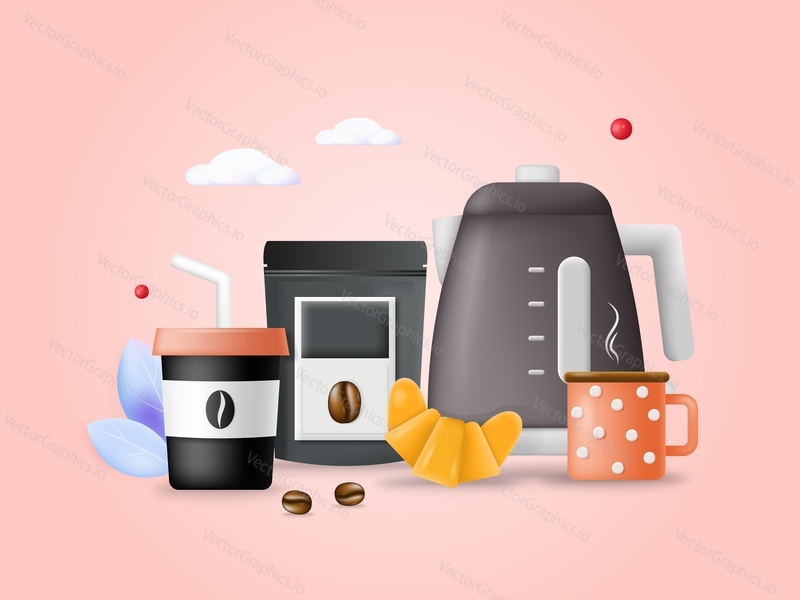 Turkish coffee vector background. Arabian drink, turkish pot, grain, grinder machine and takeaway cup still-life. Breakfast time illustration. Cafe, restaurant or bistro advertisement poster, banner design