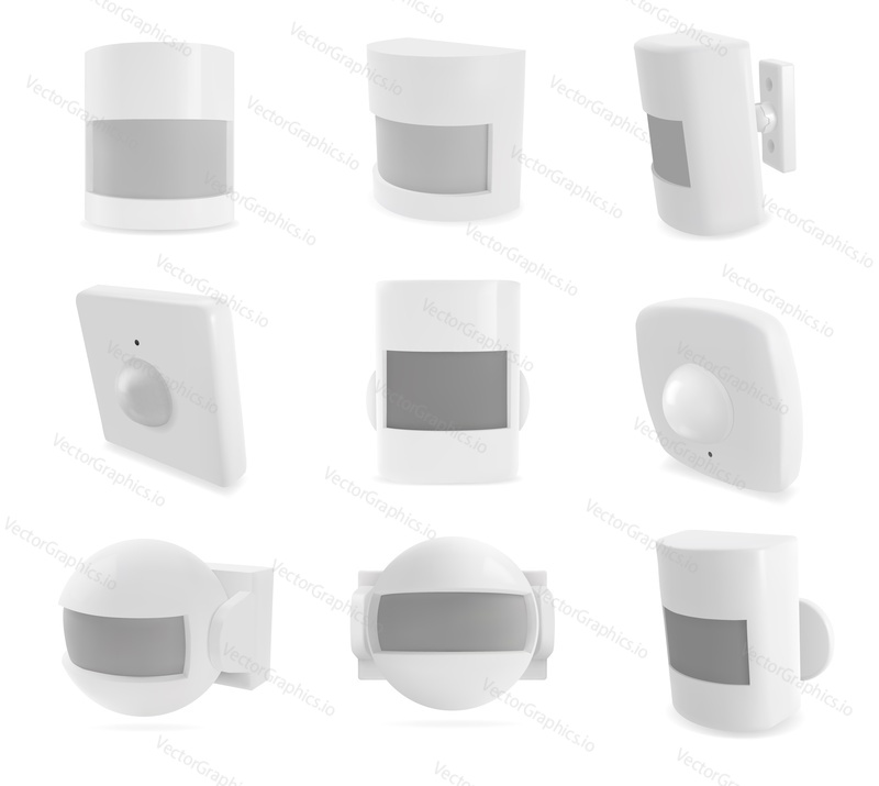 Motion sensor different form and shape realistic set isolated on white background. Elements for modern home or office security system vector illustration