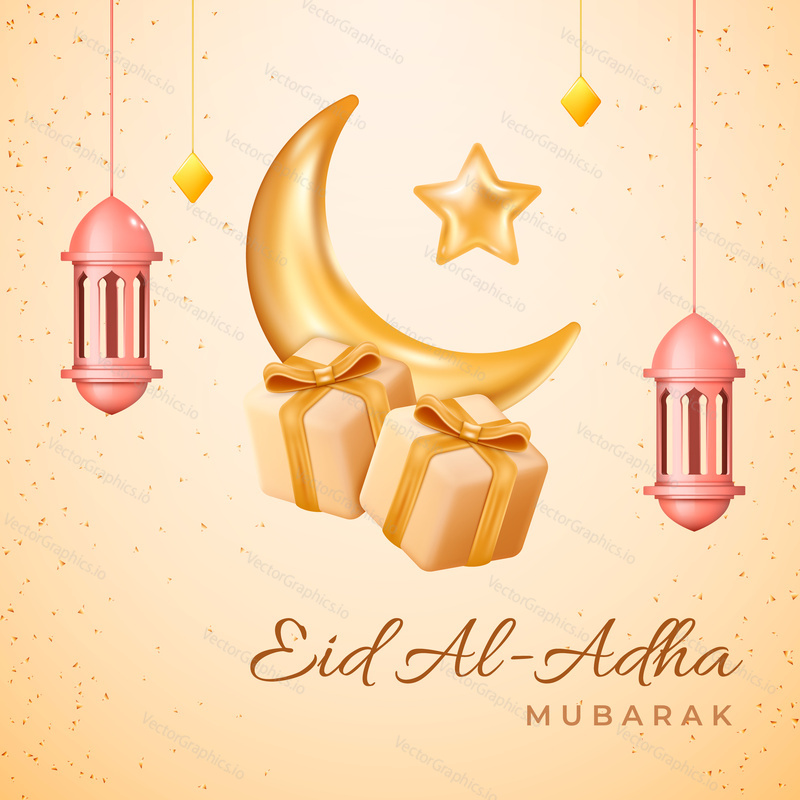 Eid al Adha cards design in 3d modern vector style. Eid Mubarak Islamic holiday banner with Ramadan lantern and moon. Ramadan muslim decoration and background poster. Happy celebration of Eid al Adha.