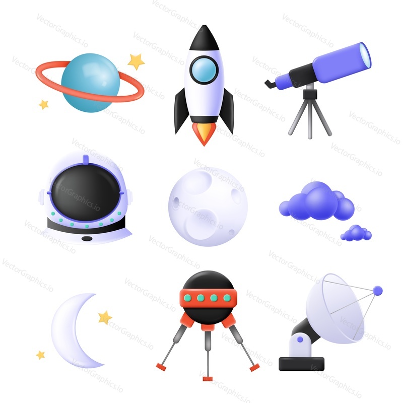 Space and science icon set vector. Planet Saturn, rocket ship, astronaut helmet, alient ufo, moon, telescope, planetary satellite, radar station, nebula 3d illustration isolated design