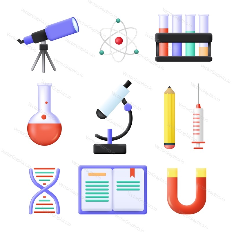 Věda vektor 3D ikona. Chemická laboratorní výzkumná sada. Molekula Dna, atom, mikroskop a lékařské testovací zařízení izometrický symbol. Koncepce biologie, biotechnologie a chemické analýzy