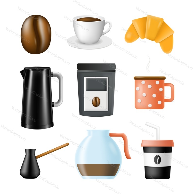Coffee set. Vector cup or mug with drink, croissant dessert, turkish cezve pot, kettle and roasted bean grain isometric 3d icon illustration isolated on white background