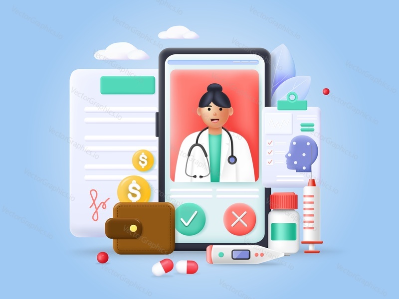 Doctor online vector. Clinic app in mobile phone for medical consultation poster. Video chat with physician illustration. Smartphone service for people disease diagnosis and treatment