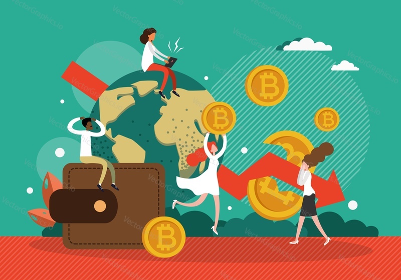 Вектор краха биткоина. Стрелка стоимости криптовалюты падает вниз и подчеркивает иллюстрацию трейдера people. Криптовалютный кризис, упадок и экономический спад. Спад инвестиций в виртуальные деньги