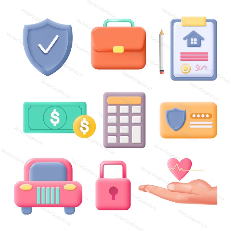 Insurance icon vector set. Car, money, property and health safety isolated 3d icon on white background. professional care of life, house, vehicle, business and finance illustration