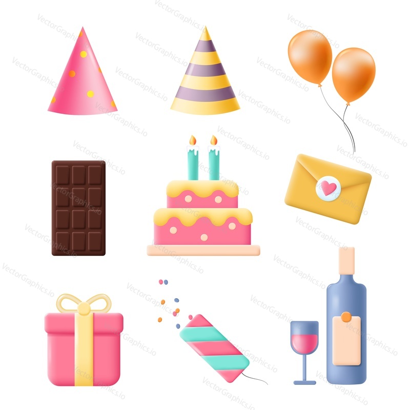 Birthday party icon vector isolated flat set. Greeting card, gift, hat, sweet cake with candles decoration, confetti, chocolate and balloons illustration