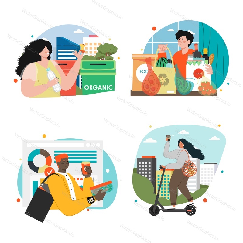 Lidé dávají přednost zdravým ekologickým produktům vector set. Kreslený muž a žena drží přírodní ovoce a zeleniny ilustrace. Vegetariánství, ochrana životního prostředí, koncept ochrany ekologie