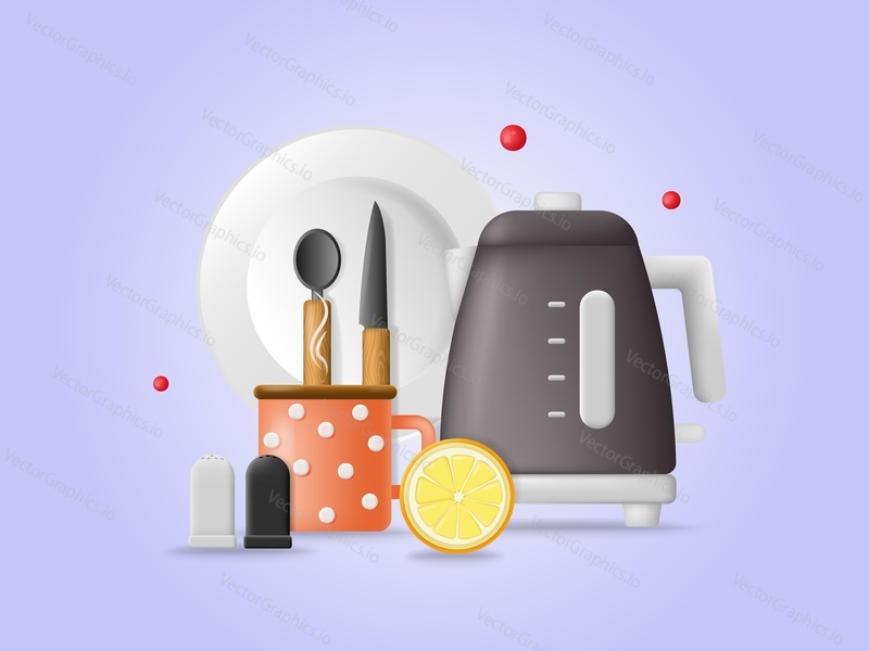 Tea vector. Teacup, electric kettle, plate, spoon and knife for preparation aroma hot beverage with lemon. Kitchen supplies 3d illustration