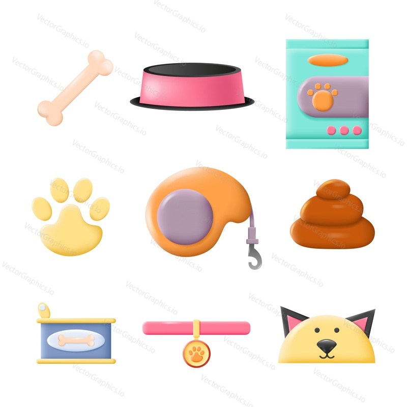 Pet shop assortment with dog accessories vector set. Cute puppy muzzle, toy bone, bowl for food, meal pack and can, canine leash and collar, footprint and pile of poop isolated icons illustration