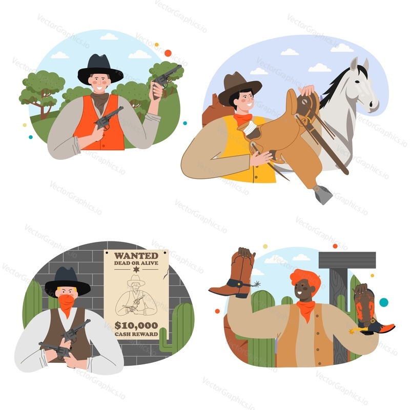 Cowboy and sheriff cartoon character flat vector scene set. Man in hat with gun, boots and horse in wildlife desert with cactus illustration