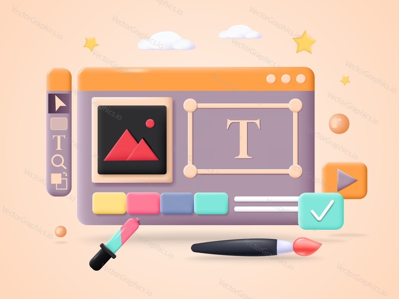 Graphic design vector. Web art abstract illustration. Software for creative draw poster. Designer application for website creation and prototyping. Computer technology designing editor