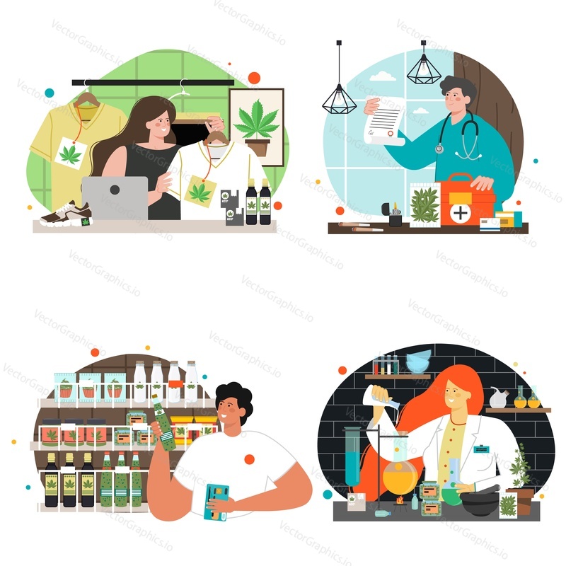 Medical cannabis use and people vector scene set. Marijuana, hemp seed CBD oil, sativa plant pharmacy. Distribution of hemp products illustration