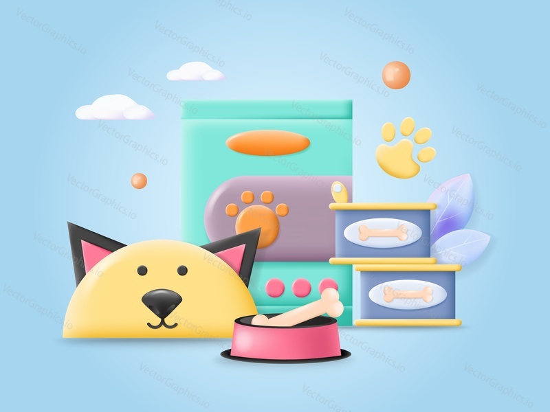Dog food vector 3d poster. Vet shop assortment with meal package, canned preserves and sweet bone illustration. Cute puppy muzzle and nutrition