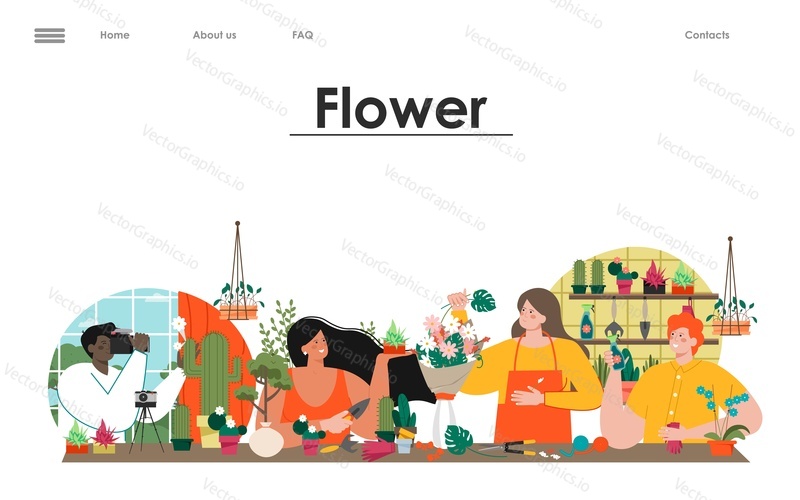 Květinářství on-line služby vektorové vstupní stránky šablony. Zahradnictví hobby doplňky distribuce. Lidé zahradničení a sázení si užívají ilustrace. Květinářství obchod trh webové stránky banner