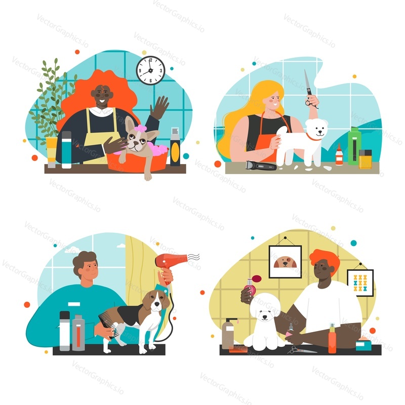 Dog grooming vet service flat vector set. Pet care salon illustration. Professional groomer washing, drying, hairstyling and brushing cute puppy. Doggy hygiene concept