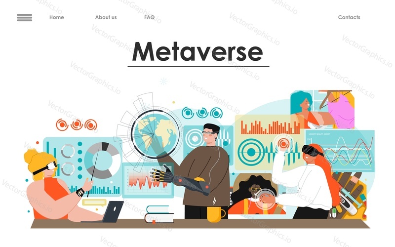 Плоская целевая страница метавселенной. Мужчина и женщина в гарнитуре виртуальной реальности используют киберпространство для работы, игры, изучения науки векторный шаблон. Виртуальная реальность и технология блокчейн