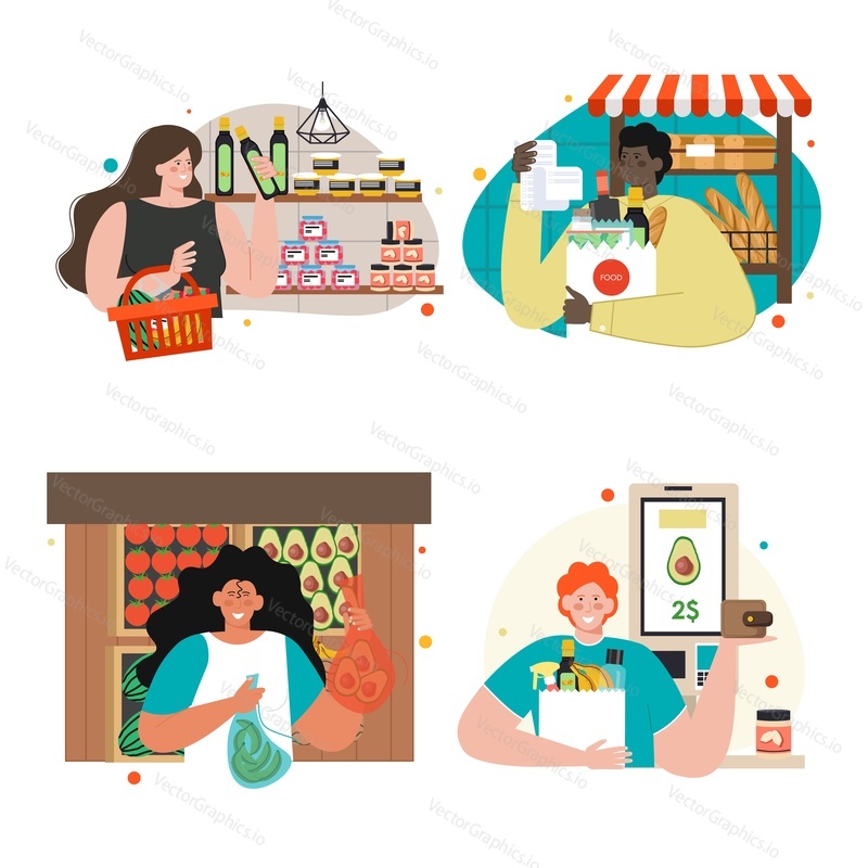 Векторный набор людей, выбирающих еду в продуктовом магазине. Мужчины и женщины покупают продукты в супермаркете, уличном рынке, пекарне иллюстрация