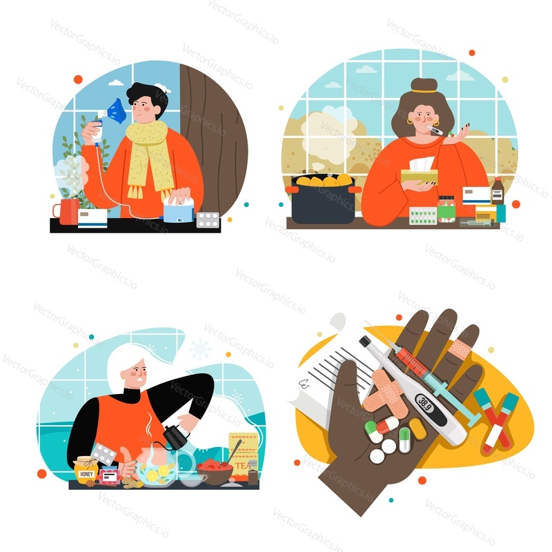 Medicines for flu illness treatment vector. Sick people scene illustration. Seasonal diseases cure at home and healthcare concept