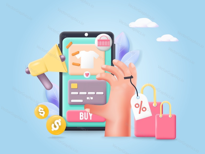 Векторная 3d-иллюстрация акции со скидкой на онлайн-распродажу. Интернет-магазин, предлагающий подарки и бонусы за покупку. Виртуальное приложение на смартфоне. Коммерческая маркетинговая кампания