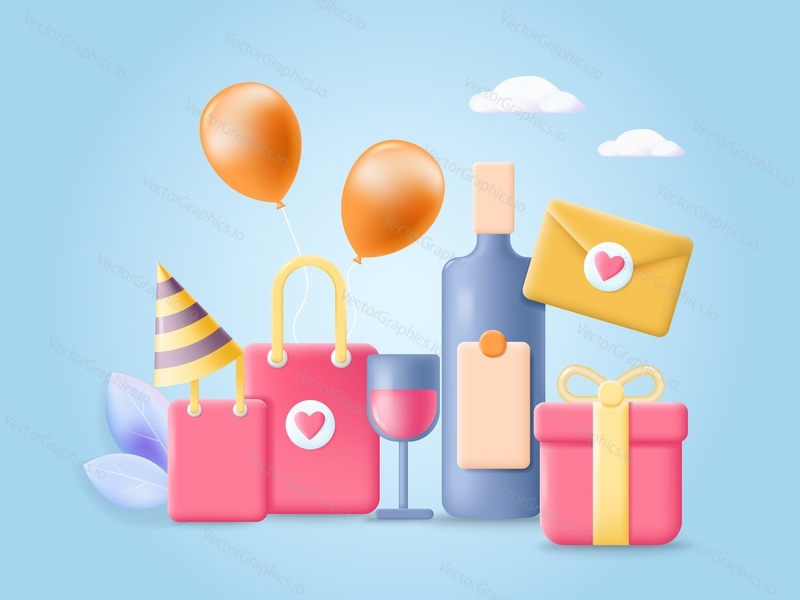 Happy birthday 3d vector card with wine and festive decoration. Invitation to celebrate anniversary design element with wineglasses, bottle, greeting mail, gift box and present illustration