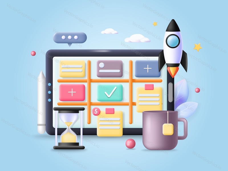 Vektor kanban, agilní organizátor, ikona Scrum task board. Služba pro projektový management, software pro správu workflow, plánování času a organizaci pracovního plánu 3D ilustrace