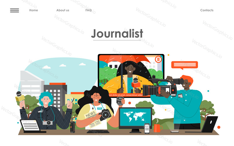 Journalist broadcast tv mass media news flat vector landing page. Reporter with microphone and camera at work illustration. Professional photographer, interviewer and cameraman web service