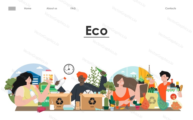 Eco vector landing page template. People using waste-free eco products illustration. Cartoon young men and women holding natural food pack