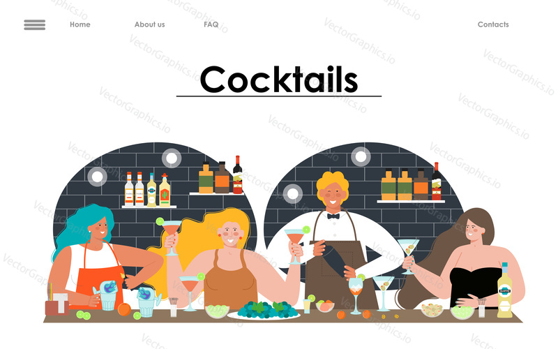 Homemade and bar cocktails vector landing page concept. Flat people character and bartender making tasty fresh tropical drink using bartender tool illustration