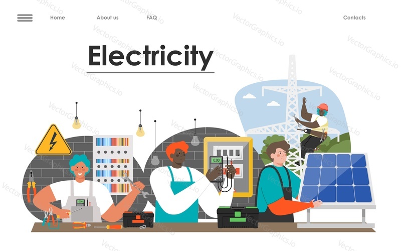 Elektřina služba vektor vstupní stránky šablony. Údržbář pracuje a opravuje velký solární panel, žárovku, elektrický generátor. Tradiční a čistý koncept obnovitelné energie